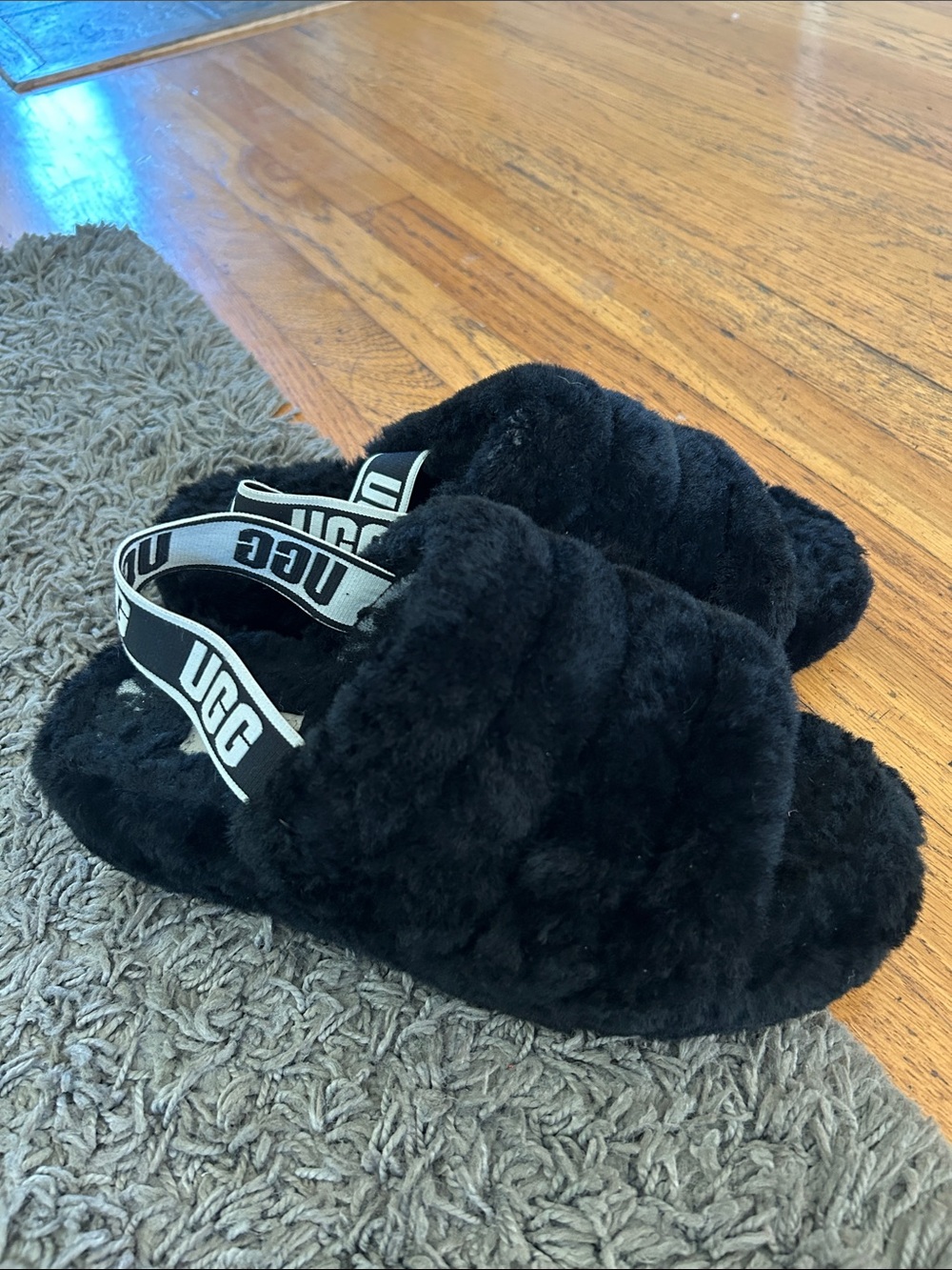 UGG Fluff Yeah Black Sheepskin Slingback Platform Slides Women’s Size 8